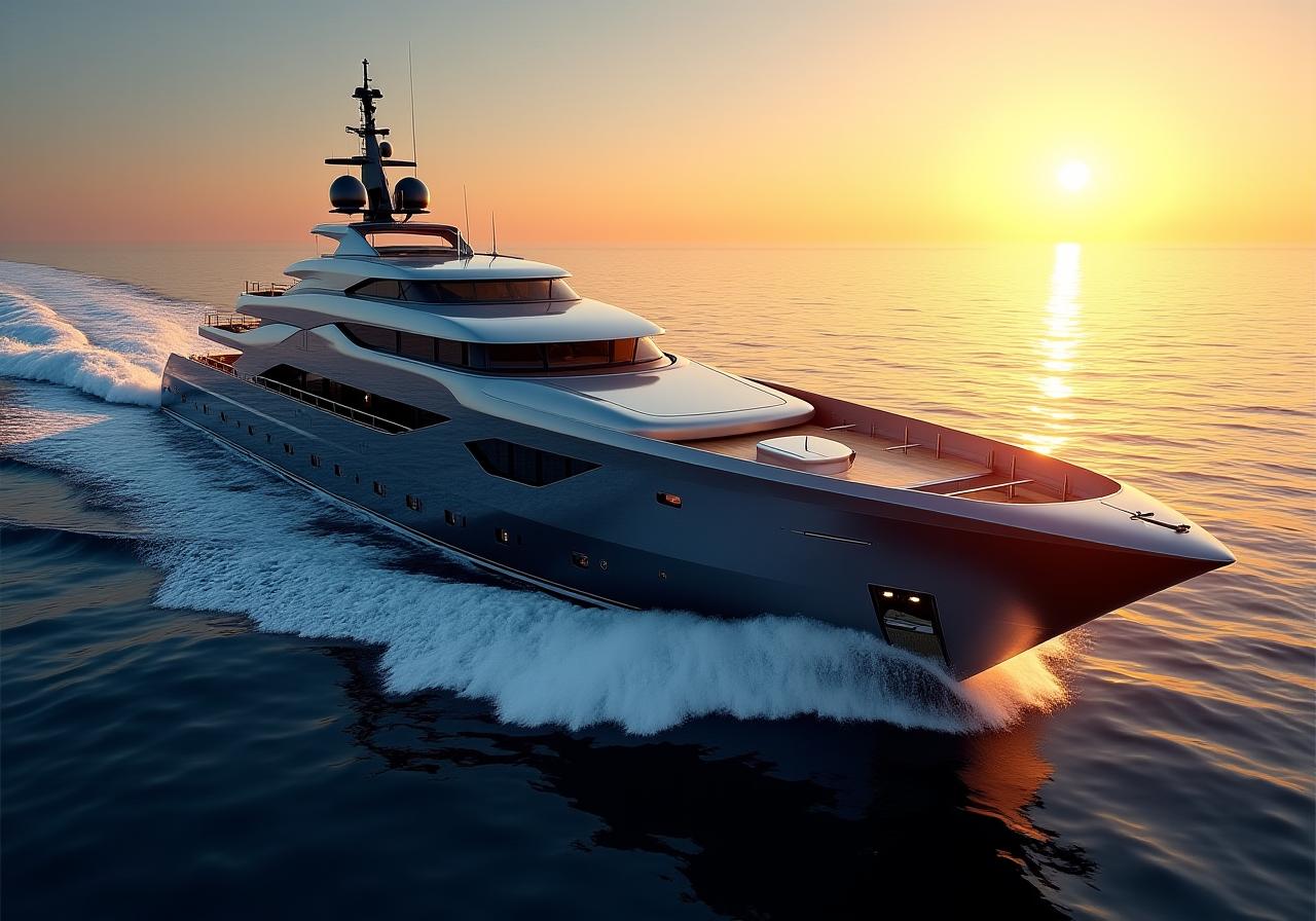 Superyacht in navigazione al tramonto, simbolo di lusso e tecnologia